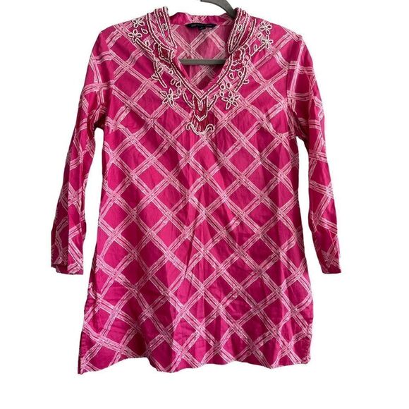 346 Brooks Brothers beaded embroidered tunic 3/4 sleeve women’s pink top S boho - Picture 2 of 7